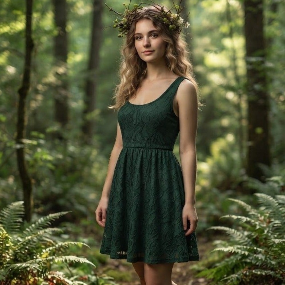 Lace Fit & Flare Mini Dress Womens XL Dark Green Forest Fairy Whimsigoth Granola